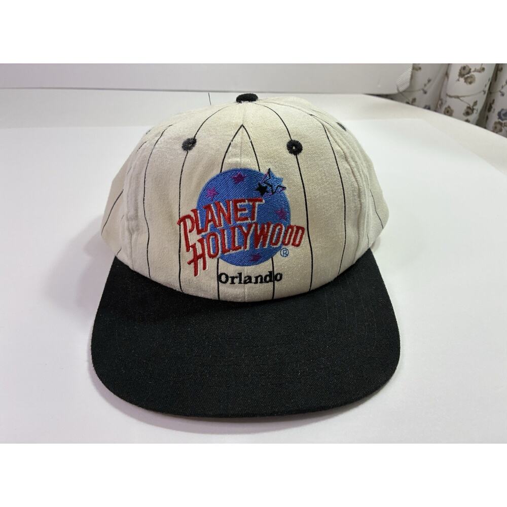 Vintage Disney Planet Hollywood Orlando Snapback pinstripe Hat Cream 90s Tourist